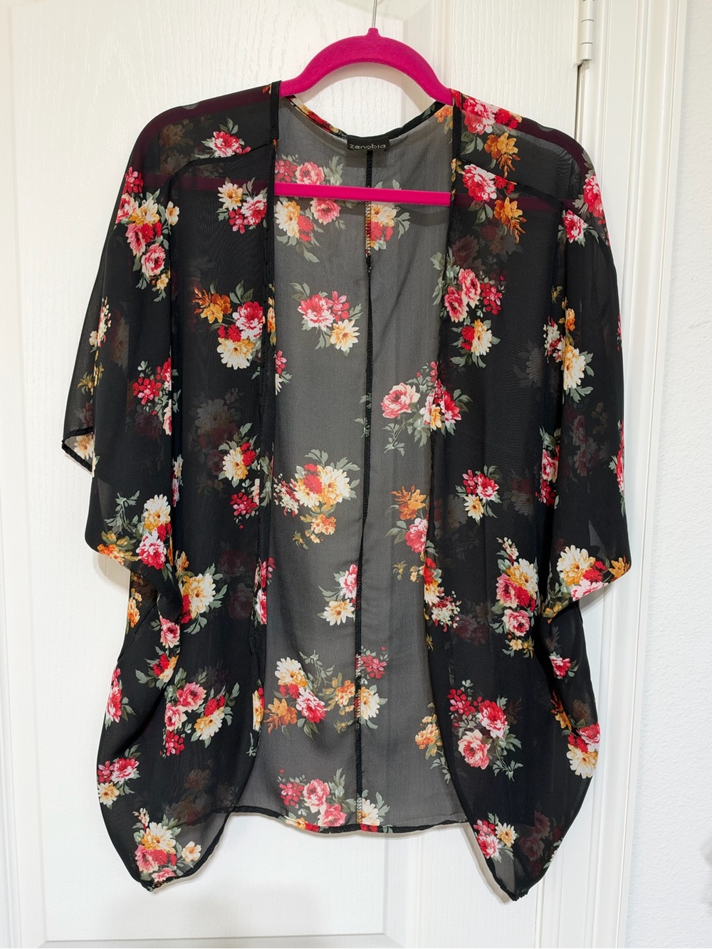 Zenobia Black Floral Sheer Kimono Tunic with Redand Cream Blooms
